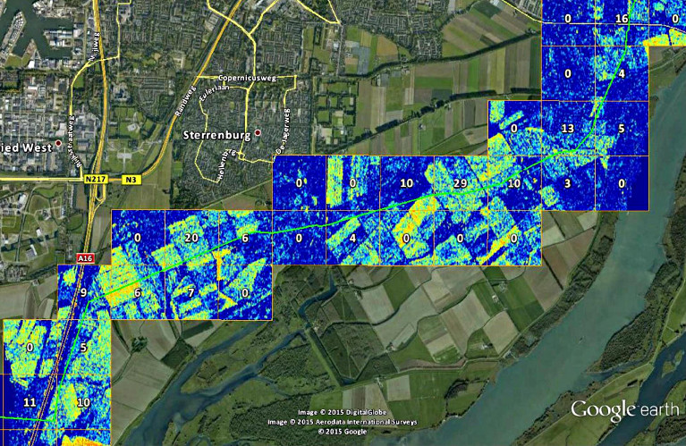 SAR satellite data superimposed on Google Maps imagery indicating land use adjacent to a gas pipeline in the Netherlands.