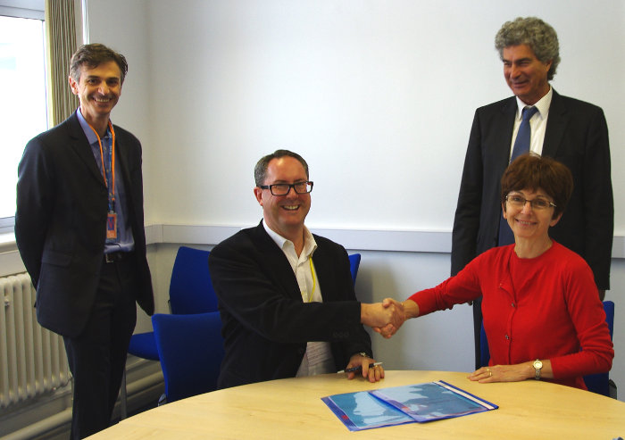 Magali Vaissiere, Director of TIA at ESA, and Mark Boggett, Managing Director at Seraphim Space at the signing of the agreement.