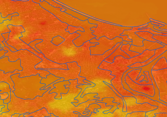 Example of Heat Map - Part of Gdansk City – Landsat thermal band, Corine Land Cover and RGB sat. image as background